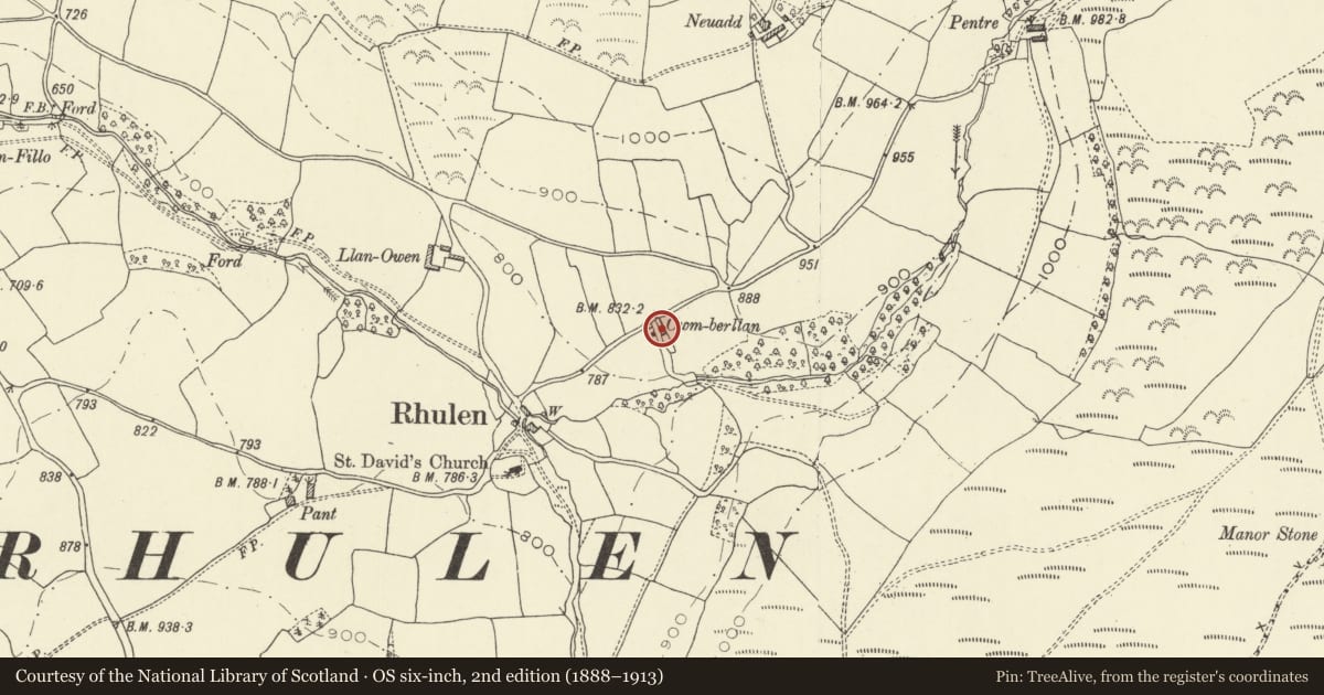 Ordnance Survey six-inch map, 2nd edition (1888–1913) covering the location of Cwm-Berllan, Aberedw, Powys, with a pin at the register's coordinates