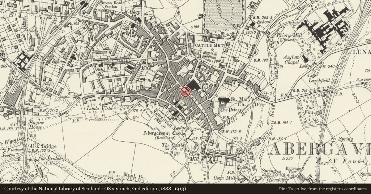 Ordnance Survey six-inch map, 2nd edition (1888–1913) covering the location of 4 Cross Street, Abergavenny, Monmouthshire, with a pin at the register's coordinates