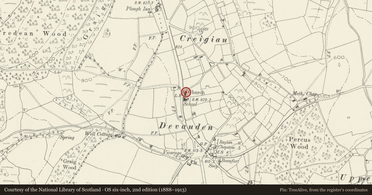 Ordnance Survey six-inch map, 2nd edition (1888–1913) covering the location of Church of St James, Devauden, Monmouthshire, with a pin at the register's coordinates