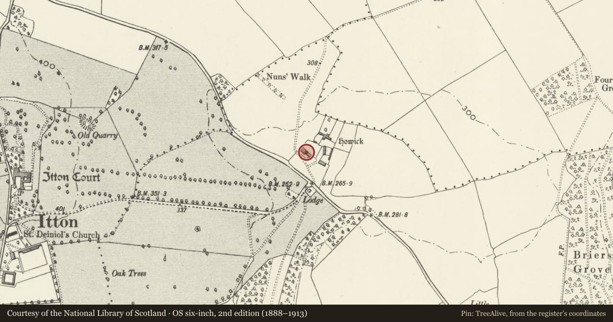 Ordnance Survey six-inch map, 2nd edition (1888–1913) covering the location of Yard Barn at Howick Farm, Devauden, Monmouthshire, with a pin at the register's coordinates