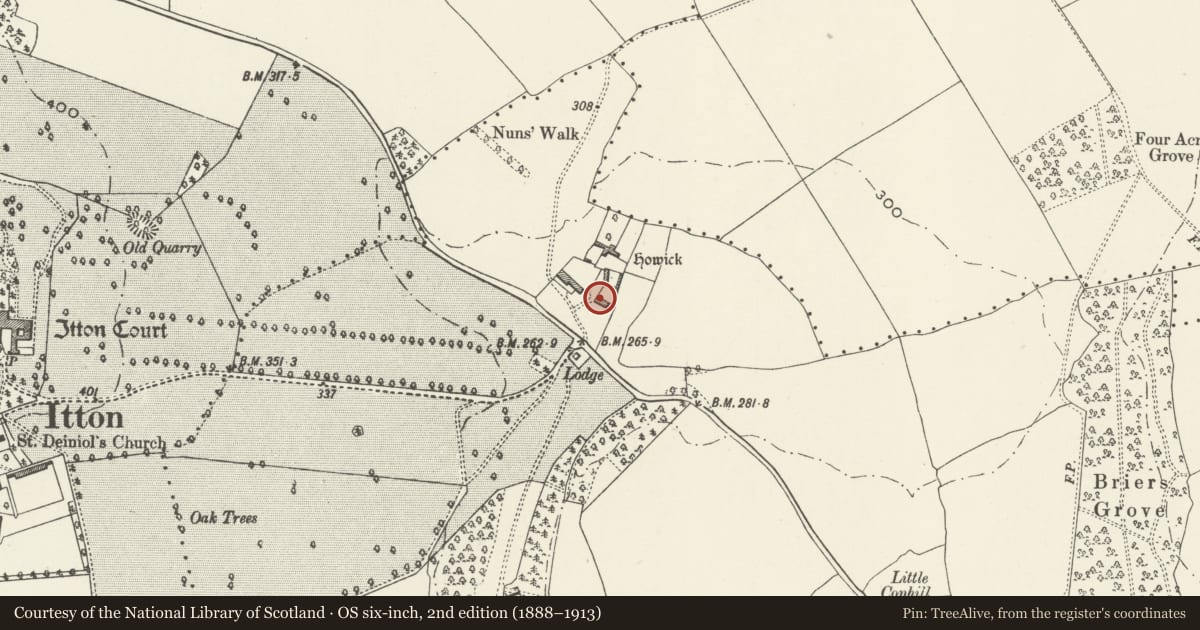 Ordnance Survey six-inch map, 2nd edition (1888–1913) covering the location of Bank Barn at Howick Farm, Devauden, Monmouthshire, with a pin at the register's coordinates
