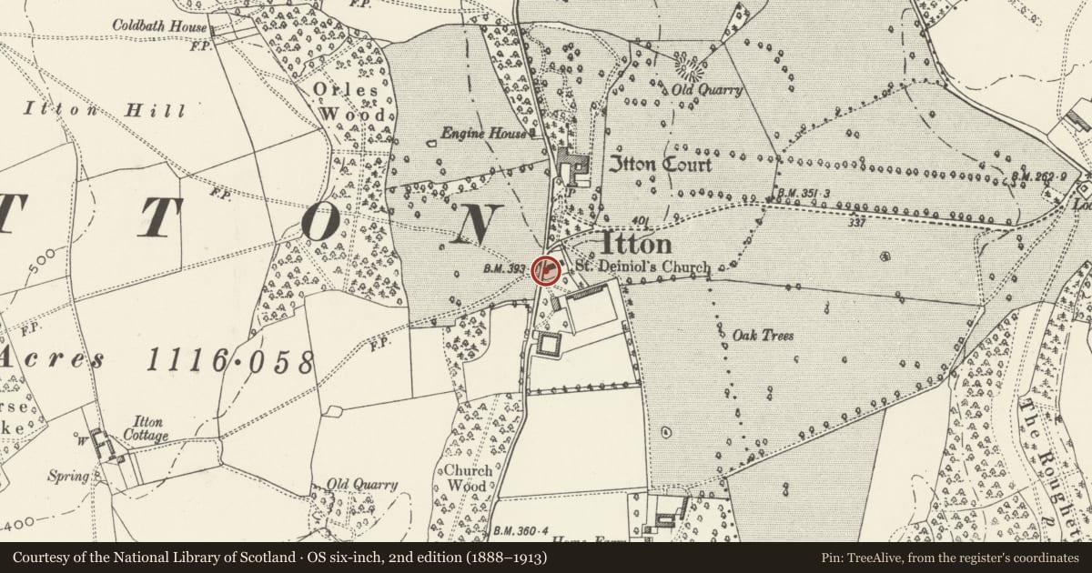 Ordnance Survey six-inch map, 2nd edition (1888–1913) covering the location of Curre Memorial lychgate to the churchyard of the Church of St Deiniol, Devauden, Monmouthshire, with a pin at the register's coordinates