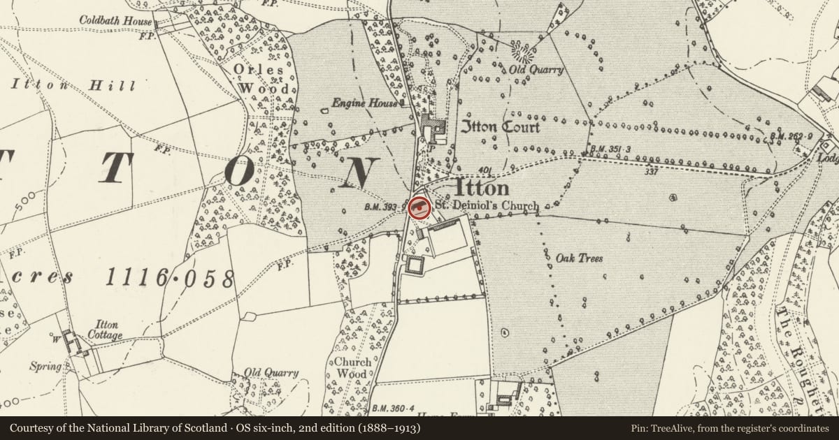 Ordnance Survey six-inch map, 2nd edition (1888–1913) covering the location of Chest Tomb in the churchyard of the Church of St Deiniol, Devauden, Monmouthshire, with a pin at the register's coordinates