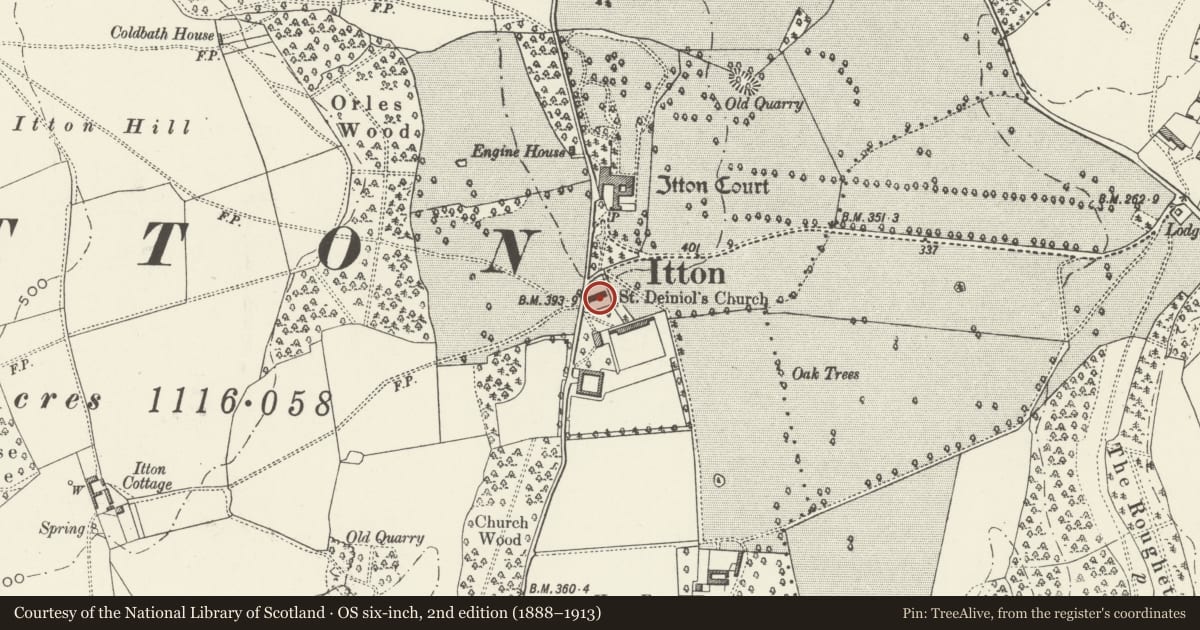 Ordnance Survey six-inch map, 2nd edition (1888–1913) covering the location of Two Chest Tombs in the churchyard of the Church of St Deiniol, Devauden, Monmouthshire, with a pin at the register's coordinates