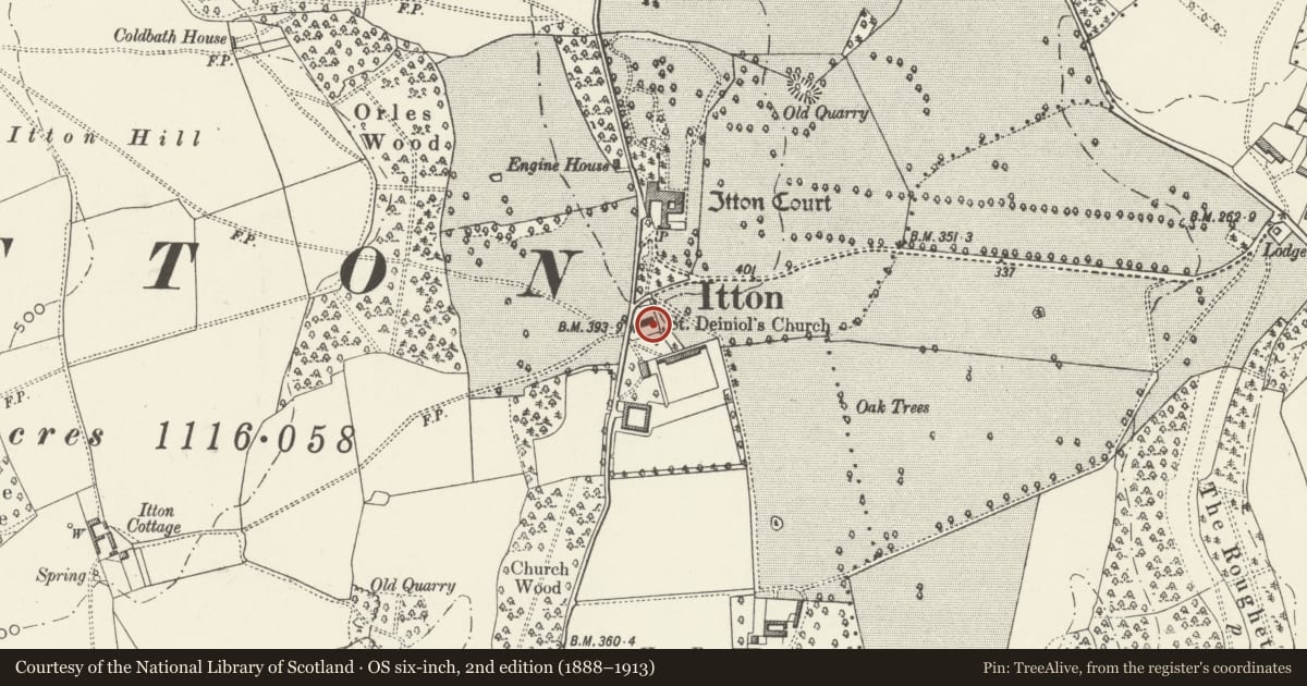 Ordnance Survey six-inch map, 2nd edition (1888–1913) covering the location of Four Chest Tombs in the churchyard of the Church of St Deiniol, Devauden, Monmouthshire, with a pin at the register's coordinates