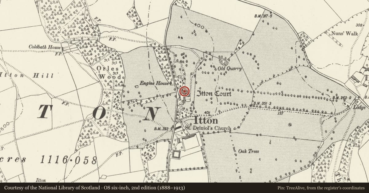 Ordnance Survey six-inch map, 2nd edition (1888–1913) covering the location of Itton Court, Devauden, Monmouthshire, with a pin at the register's coordinates