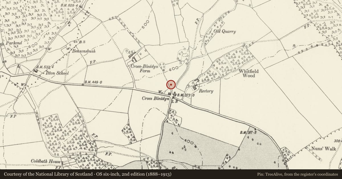 Ordnance Survey six-inch map, 2nd edition (1888–1913) covering the location of Croes-bleddyn Cottages, Devauden, Monmouthshire, with a pin at the register's coordinates