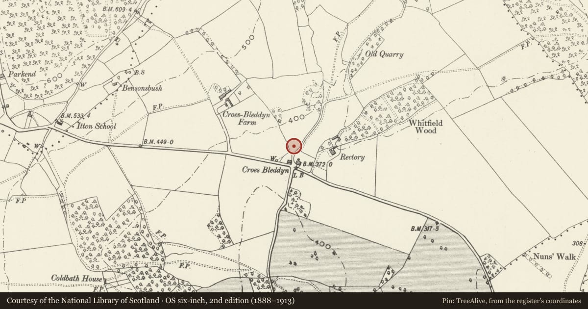 Ordnance Survey six-inch map, 2nd edition (1888–1913) covering the location of Croes-bleddyn Cottages, Devauden, Monmouthshire, with a pin at the register's coordinates