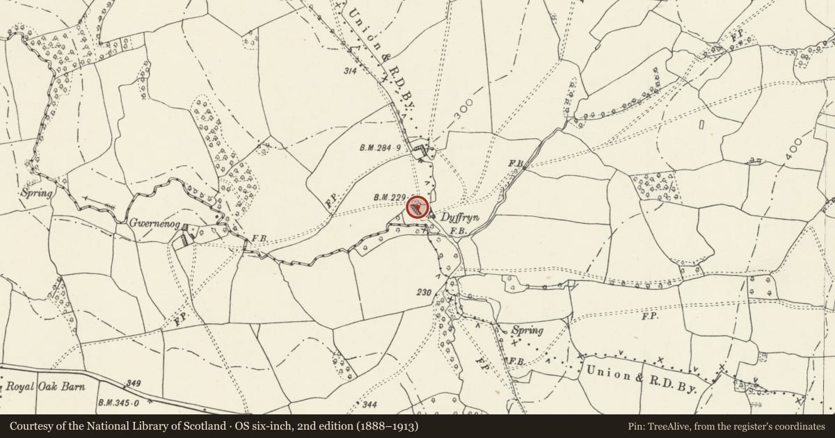 Ordnance Survey six-inch map, 2nd edition (1888–1913) covering the location of Duffryn Farmhouse, Devauden, Monmouthshire, with a pin at the register's coordinates