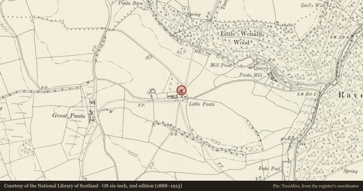 Ordnance Survey six-inch map, 2nd edition (1888–1913) covering the location of Panta Grange Farmhouse, Devauden, Monmouthshire, with a pin at the register's coordinates