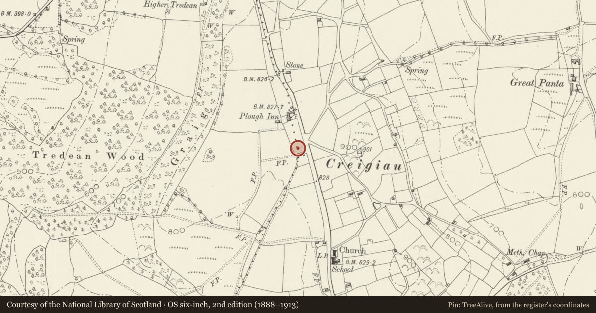 Ordnance Survey six-inch map, 2nd edition (1888–1913) covering the location of Lodge at entrance to Tredean, Devauden, Monmouthshire, with a pin at the register's coordinates