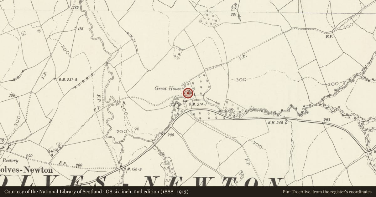 Ordnance Survey six-inch map, 2nd edition (1888–1913) covering the location of Great House Farmhouse, Devauden, Monmouthshire, with a pin at the register's coordinates