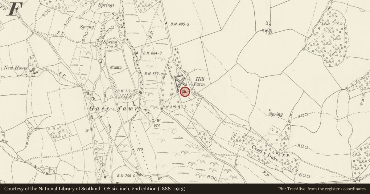 Ordnance Survey six-inch map, 2nd edition (1888–1913) covering the location of Model Farm, Farmhouse, Devauden, Monmouthshire, with a pin at the register's coordinates