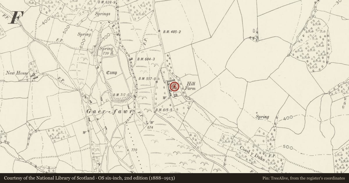 Ordnance Survey six-inch map, 2nd edition (1888–1913) covering the location of Model Farm, Roundhouse, Devauden, Monmouthshire, with a pin at the register's coordinates