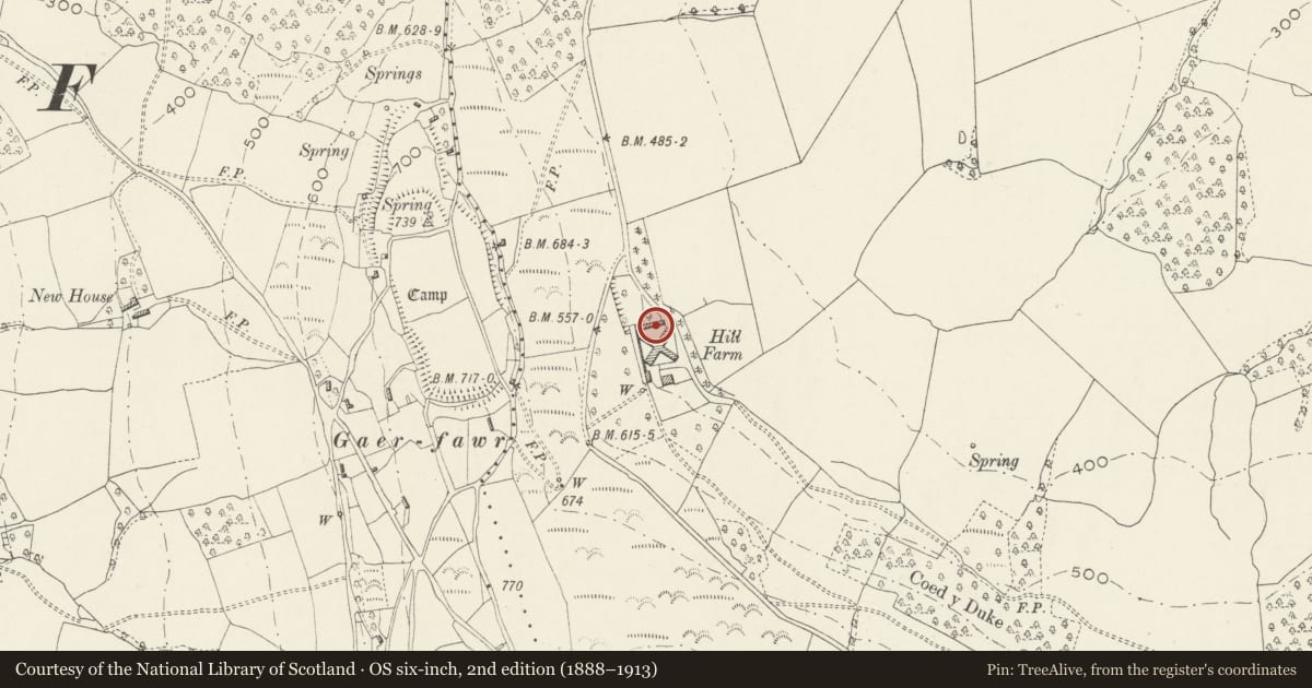 Ordnance Survey six-inch map, 2nd edition (1888–1913) covering the location of Model Farm, Mill Building, Devauden, Monmouthshire, with a pin at the register's coordinates