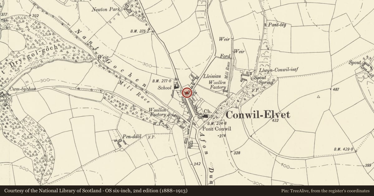 Ordnance Survey six-inch map, 2nd edition (1888–1913) covering the location of Bethel Calvinistic Methodist Chapel, Cynwyl Elfed, Carmarthenshire, with a pin at the register's coordinates