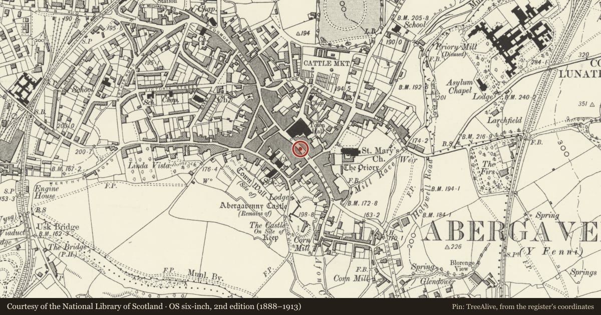 Ordnance Survey six-inch map, 2nd edition (1888–1913) covering the location of 11 Cross Street, Abergavenny, Monmouthshire, with a pin at the register's coordinates