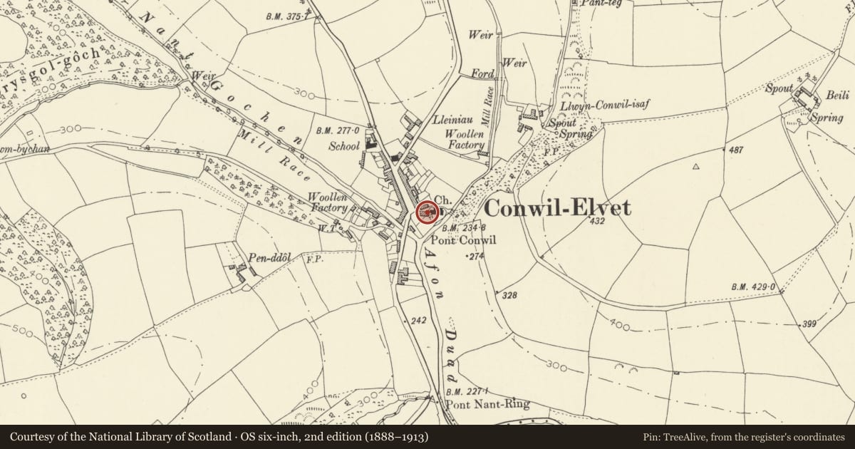 Ordnance Survey six-inch map, 2nd edition (1888–1913) covering the location of Lychgate to Church of St Cynwyl, Cynwyl Elfed, Carmarthenshire, with a pin at the register's coordinates