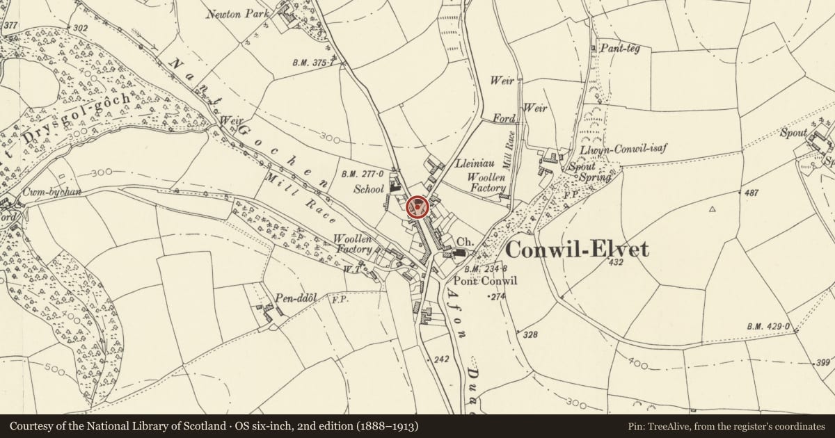 Ordnance Survey six-inch map, 2nd edition (1888–1913) covering the location of Gates and railings to Bethel Calvinistic Methodist Chapel, Cynwyl Elfed, Carmarthenshire, with a pin at the register's coordinates