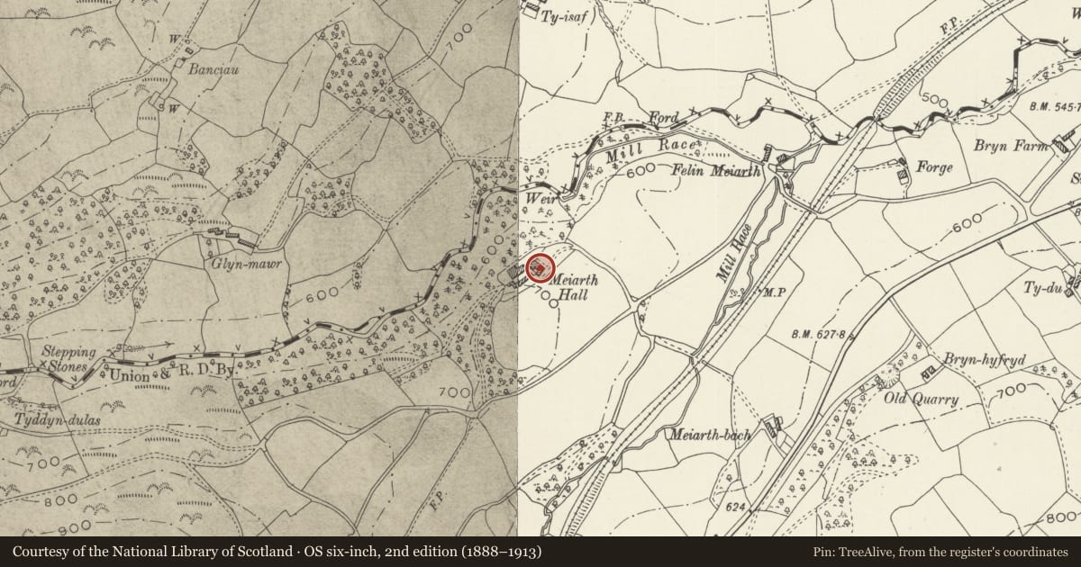 Ordnance Survey six-inch map, 2nd edition (1888–1913) covering the location of Meyarth Hall, Gwyddelwern, Denbighshire, with a pin at the register's coordinates