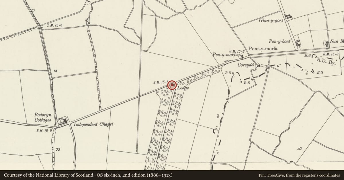 Ordnance Survey six-inch map, 2nd edition (1888–1913) covering the location of Morfa Lodge, Abergele, Conwy, with a pin at the register's coordinates