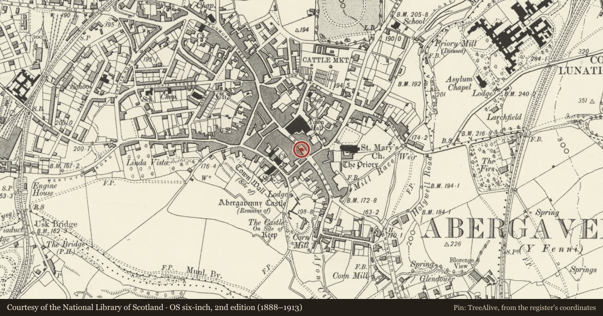Ordnance Survey six-inch map, 2nd edition (1888–1913) covering the location of 13 Cross Street, Abergavenny, Monmouthshire, with a pin at the register's coordinates