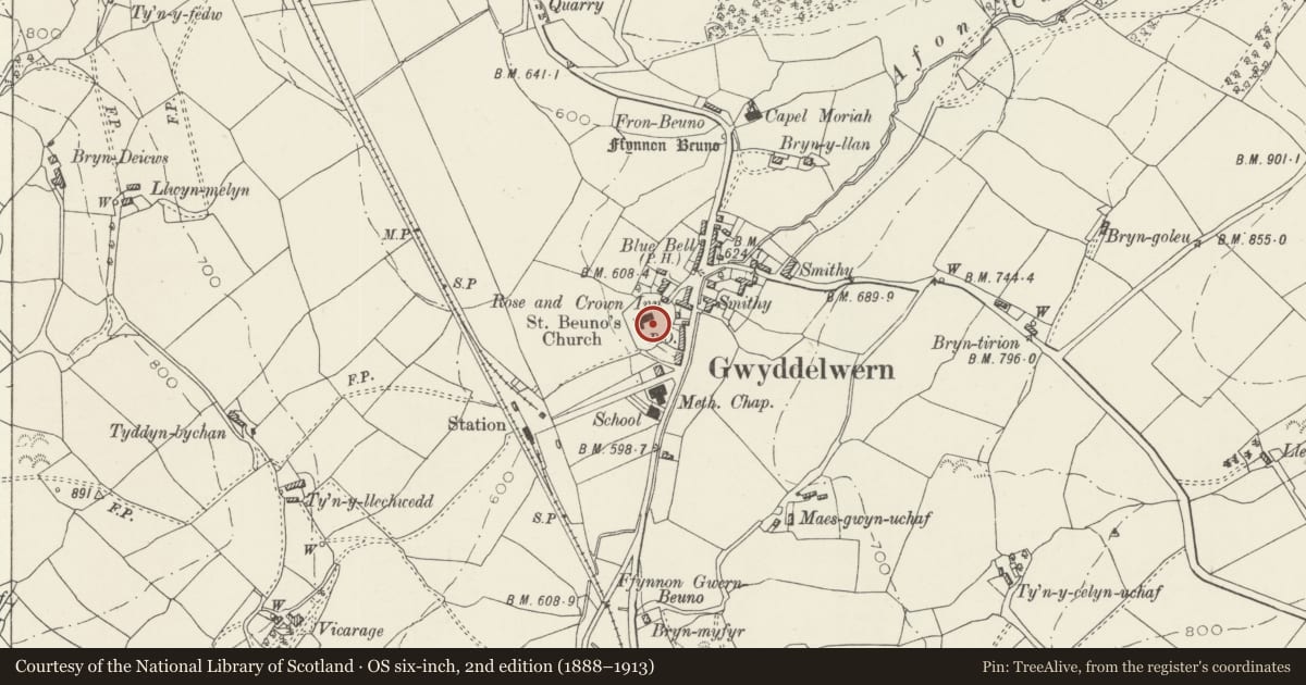 Ordnance Survey six-inch map, 2nd edition (1888–1913) covering the location of Table Tomb in the churchyard of the Church of St Beuno, Gwyddelwern, Denbighshire, with a pin at the register's coordinates