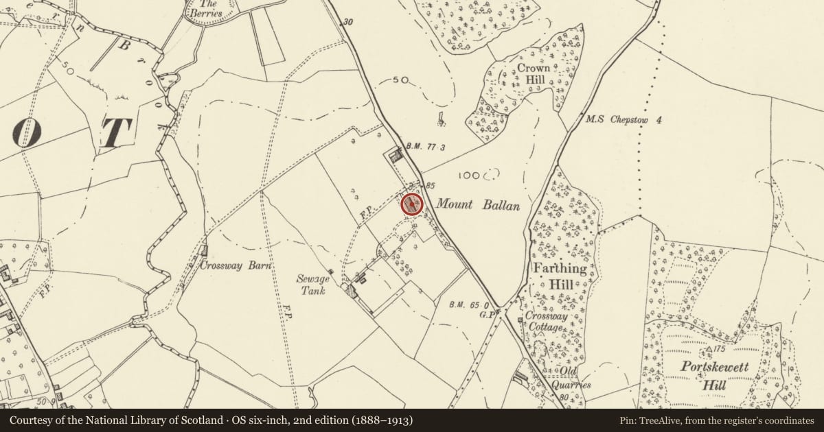 Ordnance Survey six-inch map, 2nd edition (1888–1913) covering the location of Mount Ballan House, Portskewett, Monmouthshire, with a pin at the register's coordinates