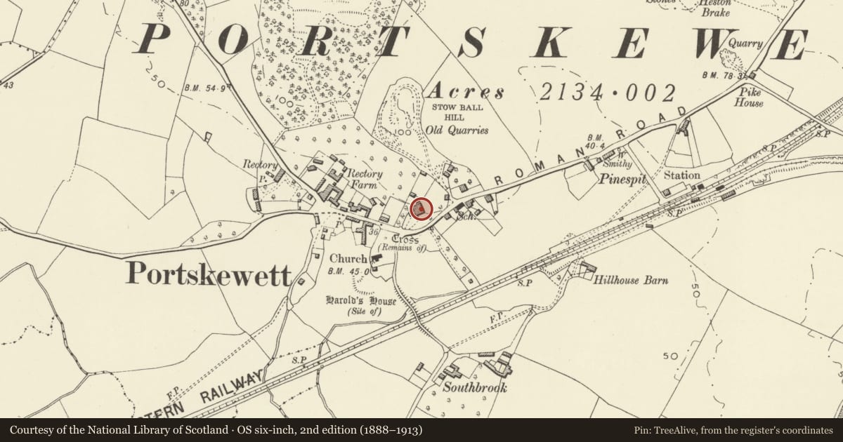 Ordnance Survey six-inch map, 2nd edition (1888–1913) covering the location of Portskewett House, Monmouthshire, with a pin at the register's coordinates