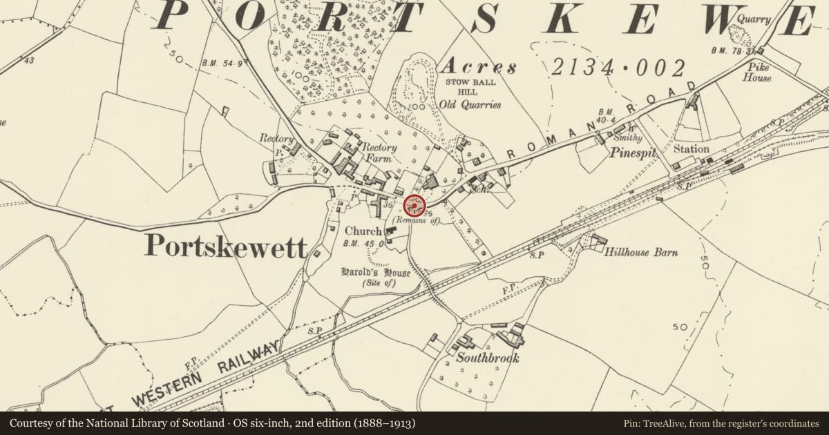 Ordnance Survey six-inch map, 2nd edition (1888–1913) covering the location of Portskewett War Memorial, Monmouthshire, with a pin at the register's coordinates