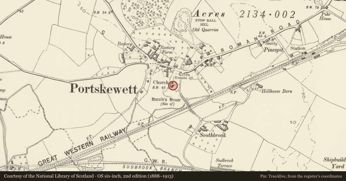 Ordnance Survey six-inch map, 2nd edition (1888–1913) covering the location of Old Cottage/Storehouse in Churchyard of Church of St Mary, Portskewett, Monmouthshire, with a pin at the register's coordinates