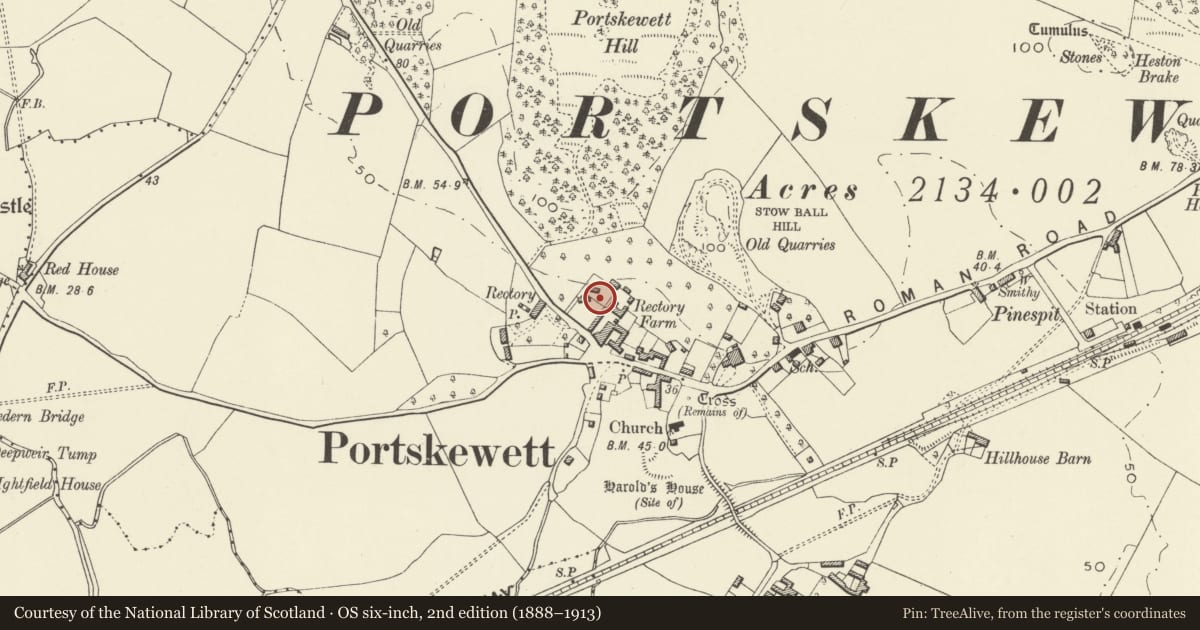 Ordnance Survey six-inch map, 2nd edition (1888–1913) covering the location of Garden Walls of Underwood, Portskewett, Monmouthshire, with a pin at the register's coordinates