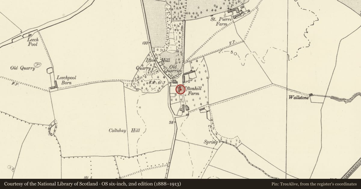 Ordnance Survey six-inch map, 2nd edition (1888–1913) covering the location of Dairy Cottage, Portskewett, Monmouthshire, with a pin at the register's coordinates