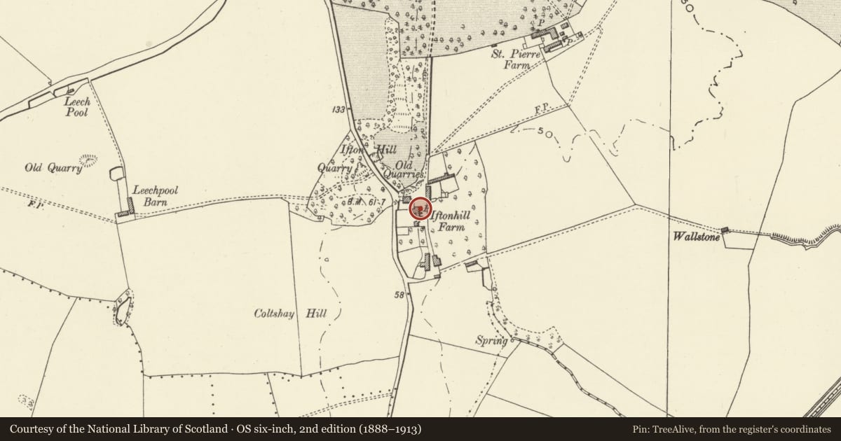 Ordnance Survey six-inch map, 2nd edition (1888–1913) covering the location of The Old Cottage, Portskewett, Monmouthshire, with a pin at the register's coordinates