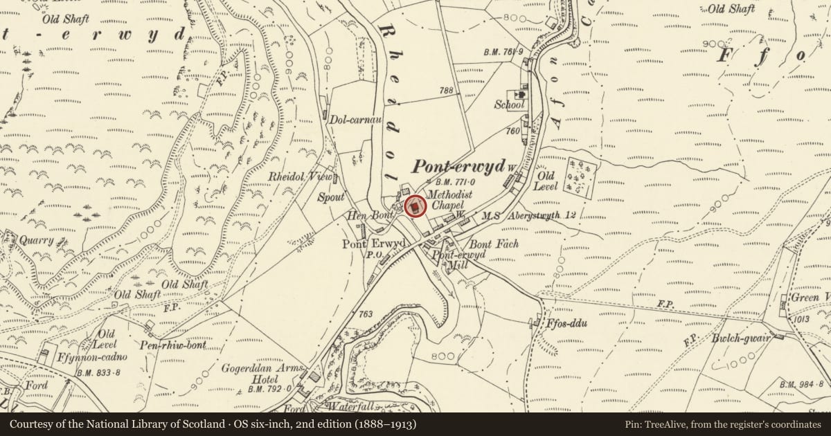 Ordnance Survey six-inch map, 2nd edition (1888–1913) covering the location of Ponterwyd Calvinistic Methodist Chapel and attached chapel house, Blaenrheidol, Ceredigion, with a pin at the register's coordinates