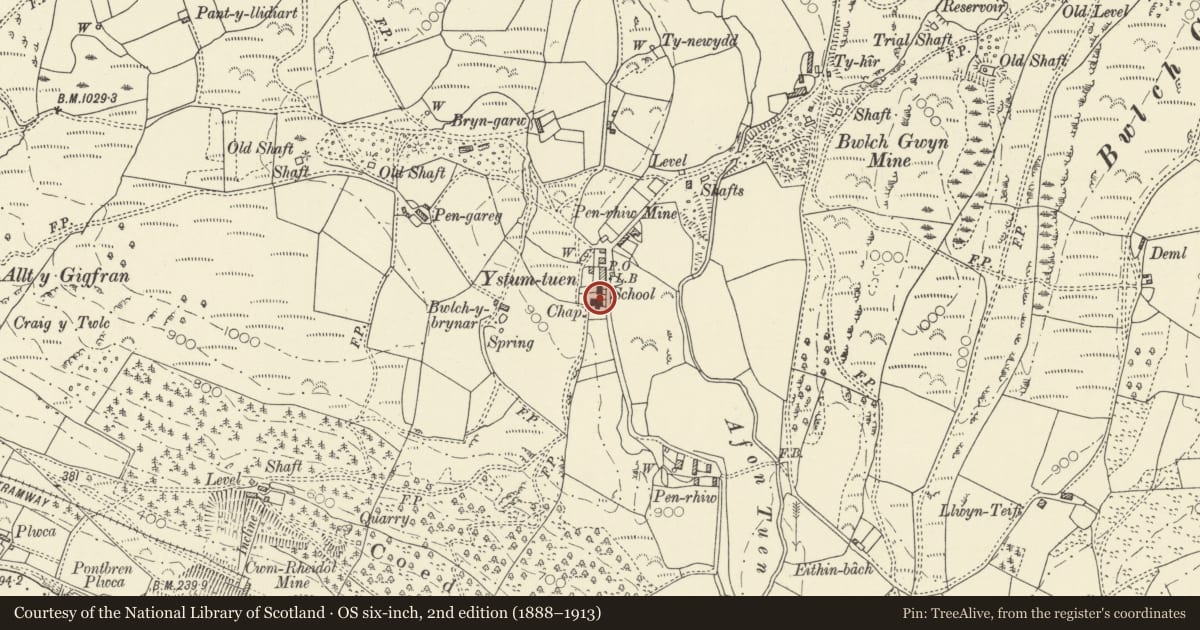 Ordnance Survey six-inch map, 2nd edition (1888–1913) covering the location of Ebenezer Wesleyan Chapel, forecourt wall and outbuilding, Blaenrheidol, Ceredigion, with a pin at the register's coordinates