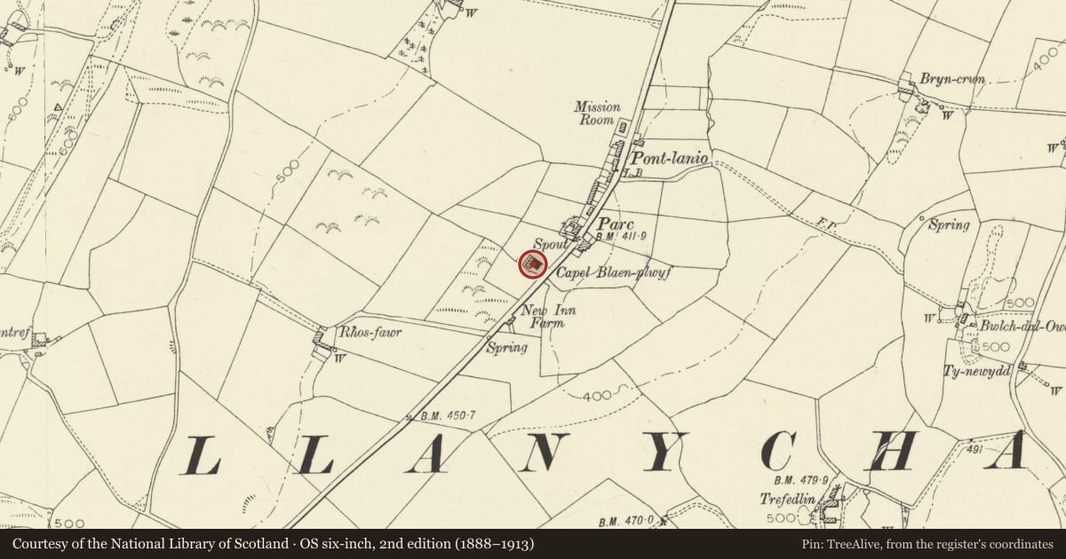 Ordnance Survey six-inch map, 2nd edition (1888–1913) covering the location of Capel Blaenplwyf including attached vestry and house range to rear, Llanfarian, Ceredigion, with a pin at the register's coordinates