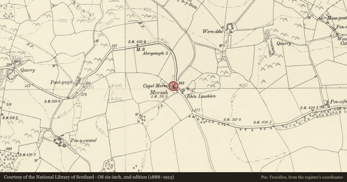 Ordnance Survey six-inch map, 2nd edition (1888–1913) covering the location of Capel Moriah including chapel house to left, Llanfarian, Ceredigion, with a pin at the register's coordinates
