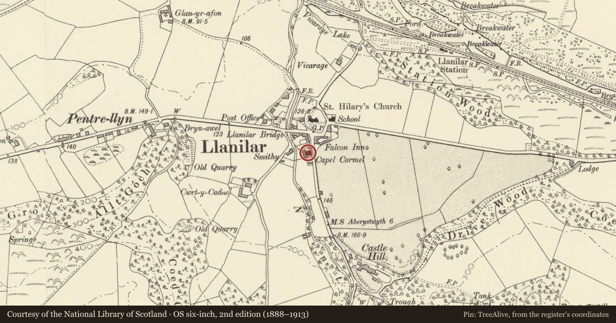 Ordnance Survey six-inch map, 2nd edition (1888–1913) covering the location of Capel Carmel, Llanilar, Ceredigion, with a pin at the register's coordinates
