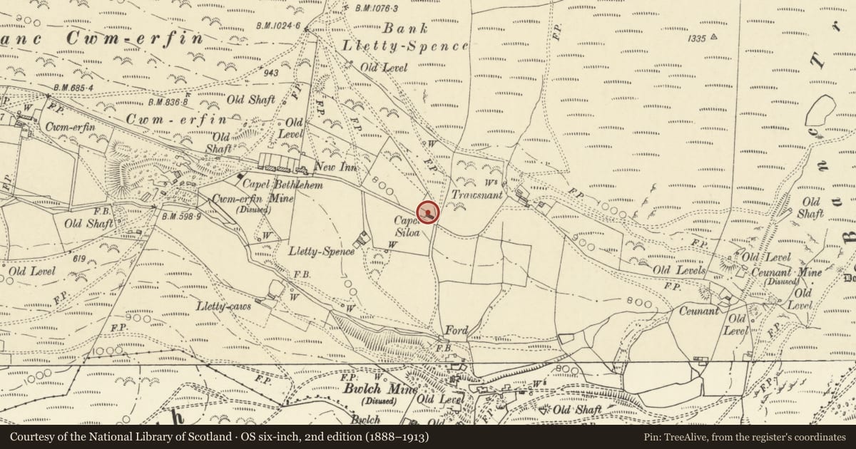 Ordnance Survey six-inch map, 2nd edition (1888–1913) covering the location of Capel Siloa, chapel house and attached front walls, Trefeurig, Ceredigion, with a pin at the register's coordinates