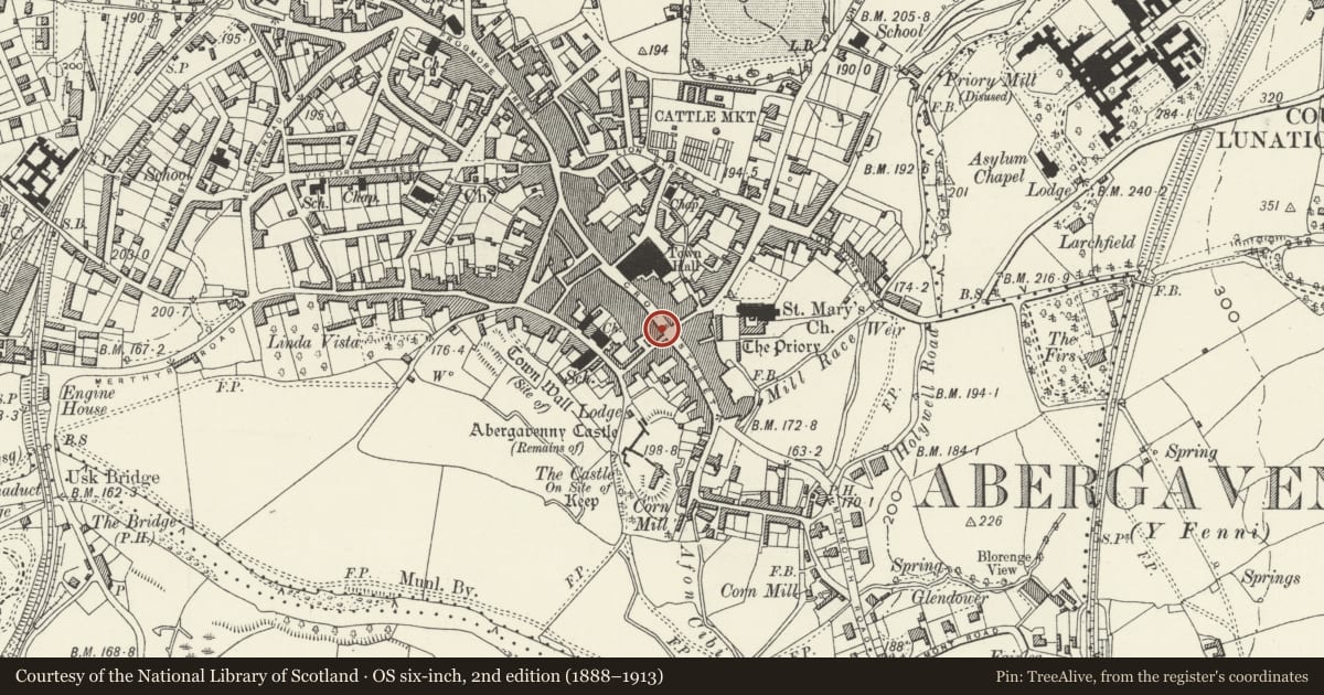 Ordnance Survey six-inch map, 2nd edition (1888–1913) covering the location of The Angel Hotel, Abergavenny, Monmouthshire, with a pin at the register's coordinates