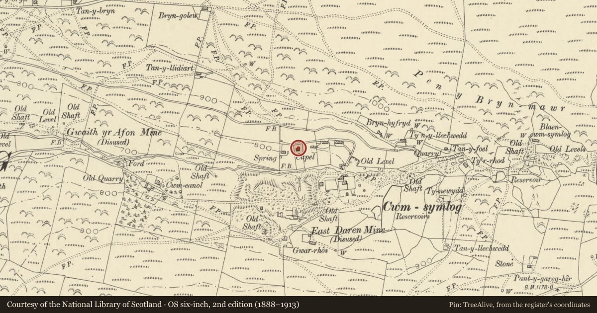 Ordnance Survey six-inch map, 2nd edition (1888–1913) covering the location of Tabernacle Baptist Chapel, Trefeurig, Ceredigion, with a pin at the register's coordinates