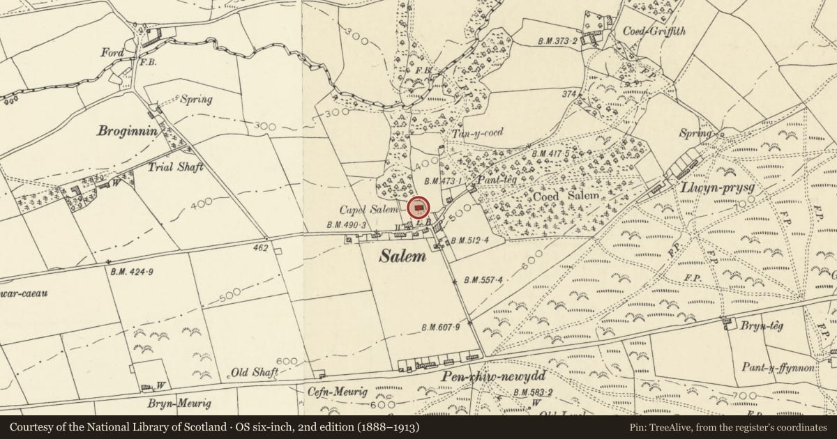 Ordnance Survey six-inch map, 2nd edition (1888–1913) covering the location of Capel Salem, Trefeurig, Ceredigion, with a pin at the register's coordinates