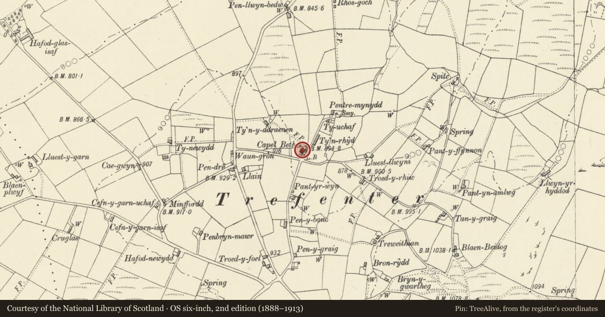 Ordnance Survey six-inch map, 2nd edition (1888–1913) covering the location of Capel Bethel including vestry to left, Llangwyryfon, Ceredigion, with a pin at the register's coordinates