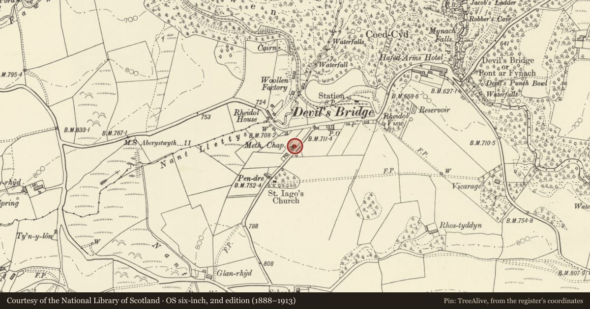 Ordnance Survey six-inch map, 2nd edition (1888–1913) covering the location of Capel Mynach and chapel house attached to left, Pontarfynach, Ceredigion, with a pin at the register's coordinates