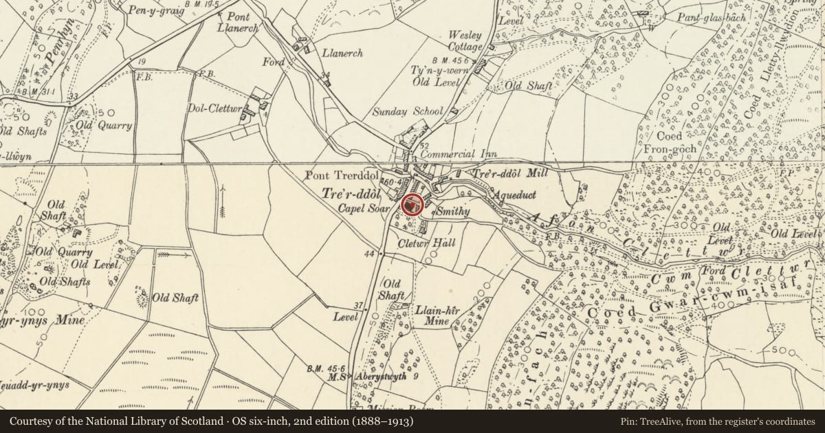 Ordnance Survey six-inch map, 2nd edition (1888–1913) covering the location of Capel Soar, rear vestry, front railings and gates, Llangynfelyn, Ceredigion, with a pin at the register's coordinates