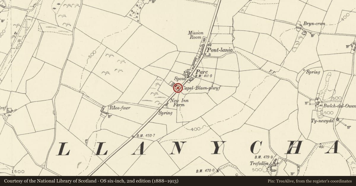 Ordnance Survey six-inch map, 2nd edition (1888–1913) covering the location of Gates and railings to Capel Blaenplwyf, Llanfarian, Ceredigion, with a pin at the register's coordinates