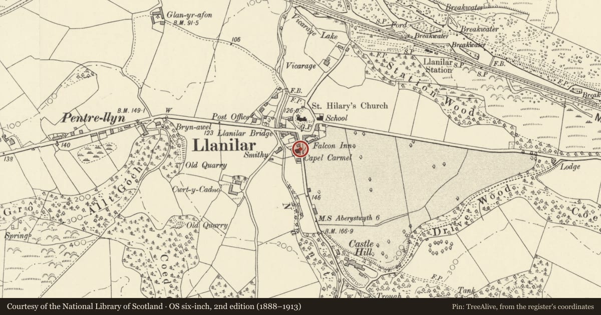 Ordnance Survey six-inch map, 2nd edition (1888–1913) covering the location of Gates and railings to Capel Carmel, Llanilar, Ceredigion, with a pin at the register's coordinates