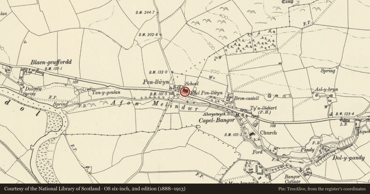 Ordnance Survey six-inch map, 2nd edition (1888–1913) covering the location of Lewis Edwards Memorial outside Penllwyn Calvinistic Methodist Chapel, Melindwr, Ceredigion, with a pin at the register's coordinates