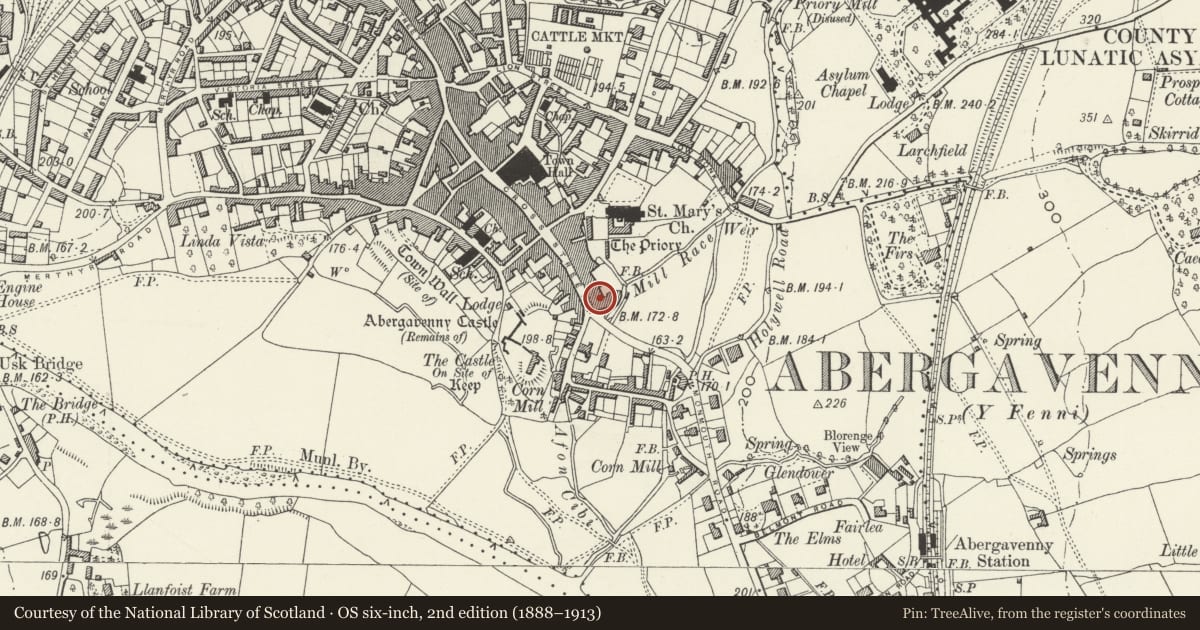 Ordnance Survey six-inch map, 2nd edition (1888–1913) covering the location of 34 Cross Street, Abergavenny, Monmouthshire, with a pin at the register's coordinates